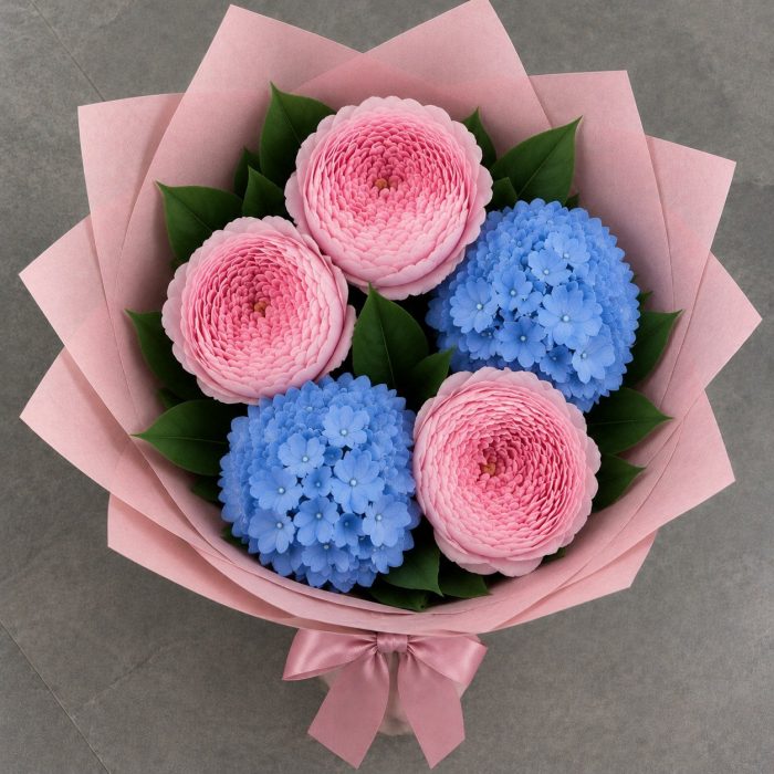 Букет Голубая гортензия и пионовидные розы, фото 2